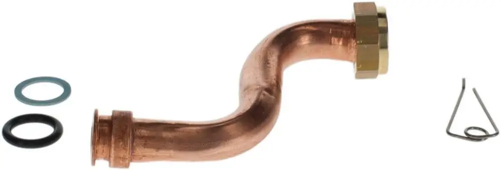 Vorfabriziertes Rohr von Bosch mit einer gebogenen Form, aus Kupfer, accompanied by zwei O-Ringen in verschiedenen Farben und einer kleinen Sicherungsklammer.